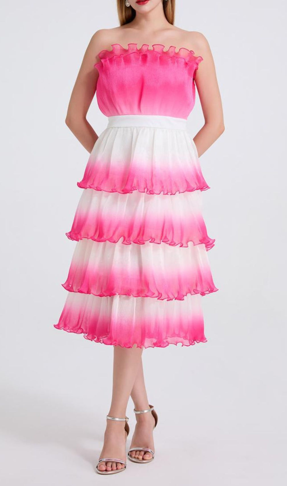 Fiene Pink Strappy Cake Midi Dress