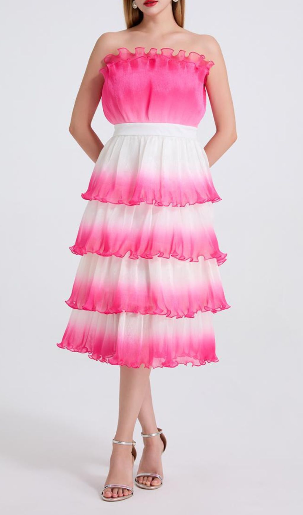 Fiene Pink Strappy Cake Midi Dress