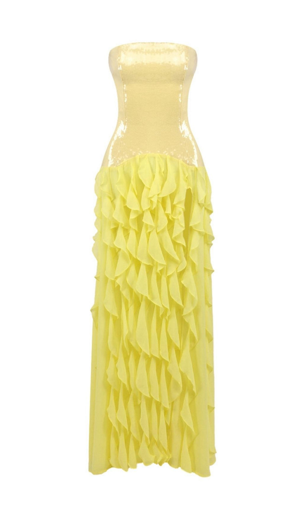 Kalki Dazzling Yellow Strapless Sequin Ruffle Maxi Dress