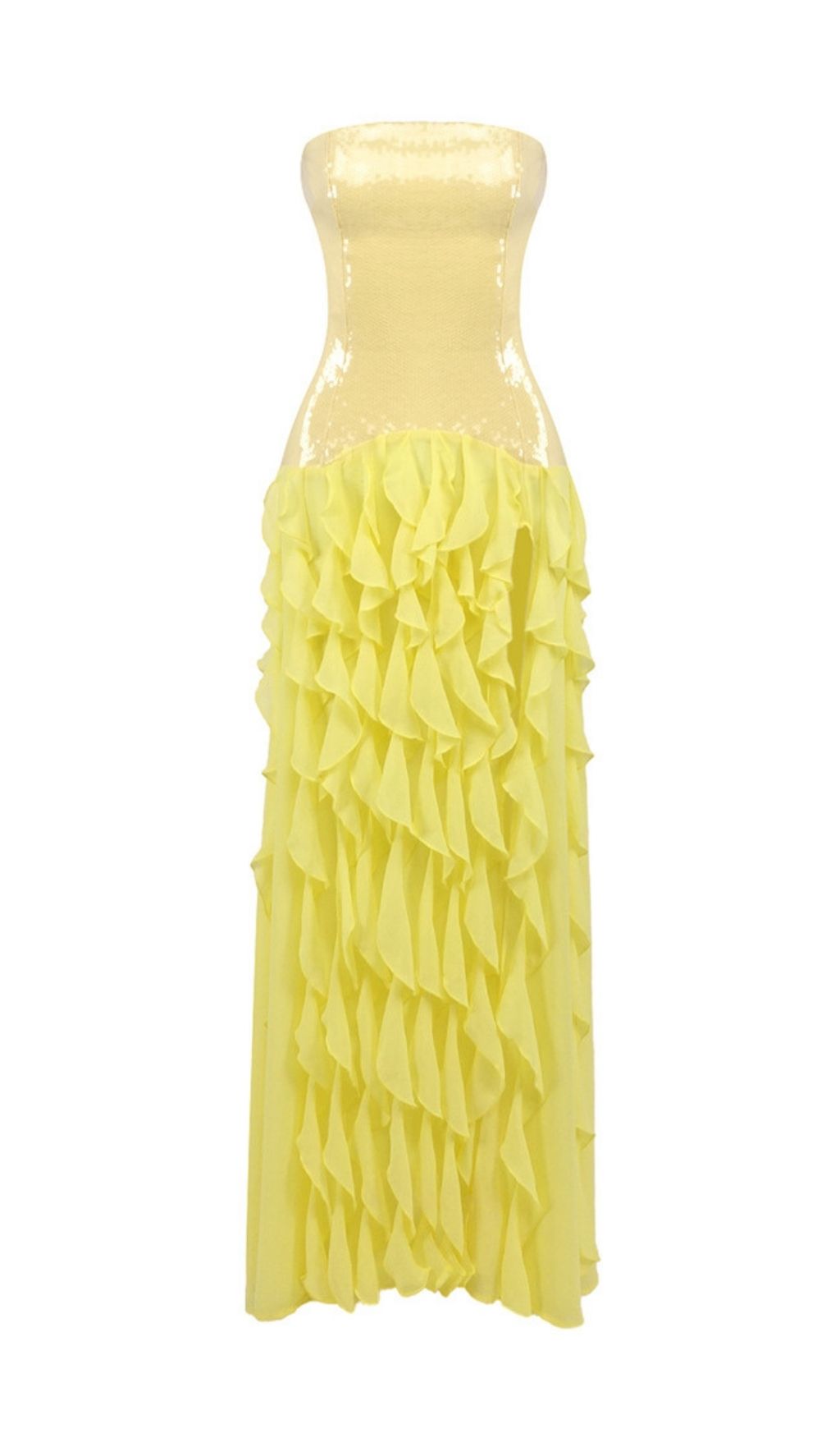 Kalki Dazzling Yellow Strapless Sequin Ruffle Maxi Dress