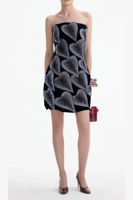 crystal leaf embellished mini dress in black