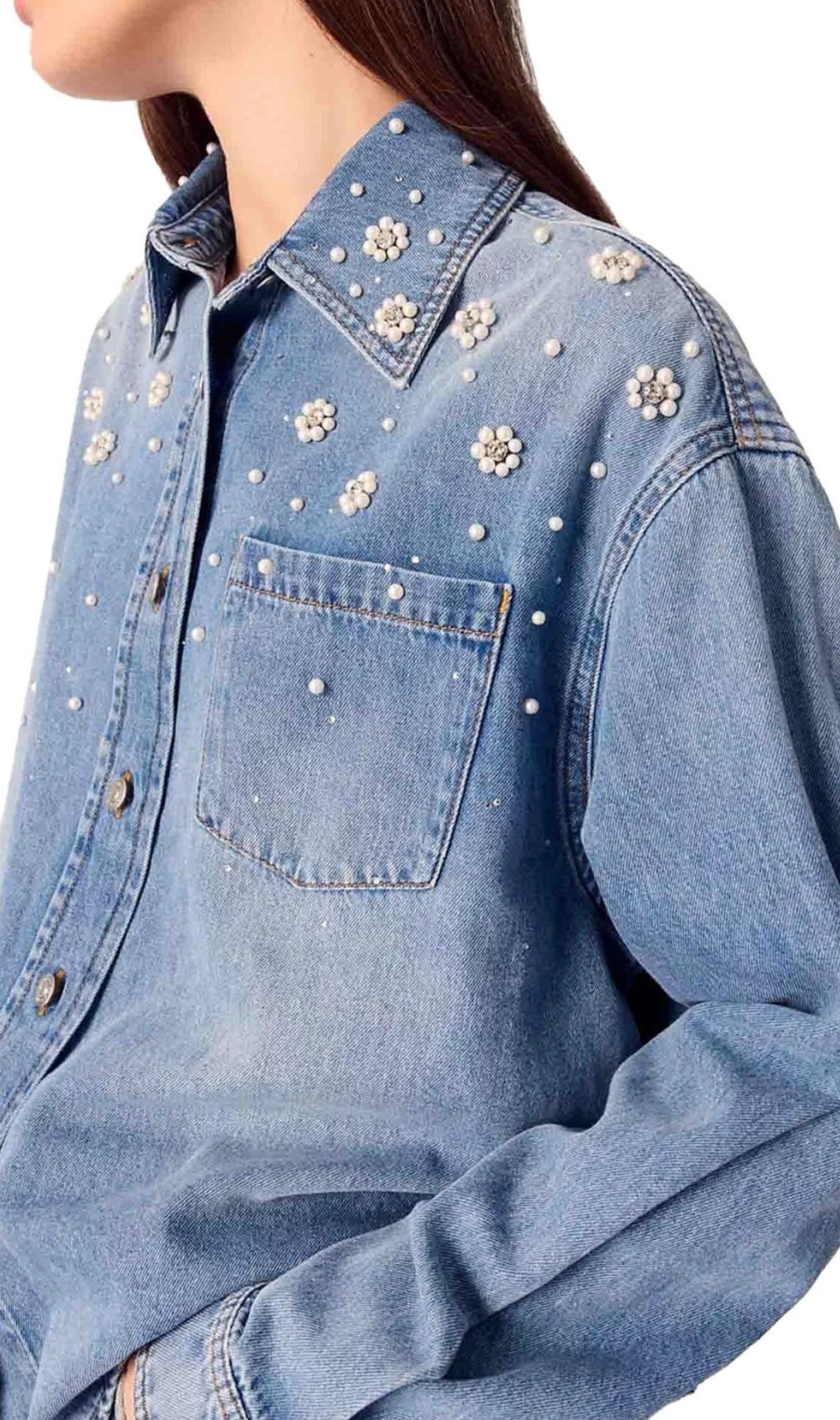 Chic Blossom Denim Shirt: Pearl & Rhinestone Embellished Button-Up for Women