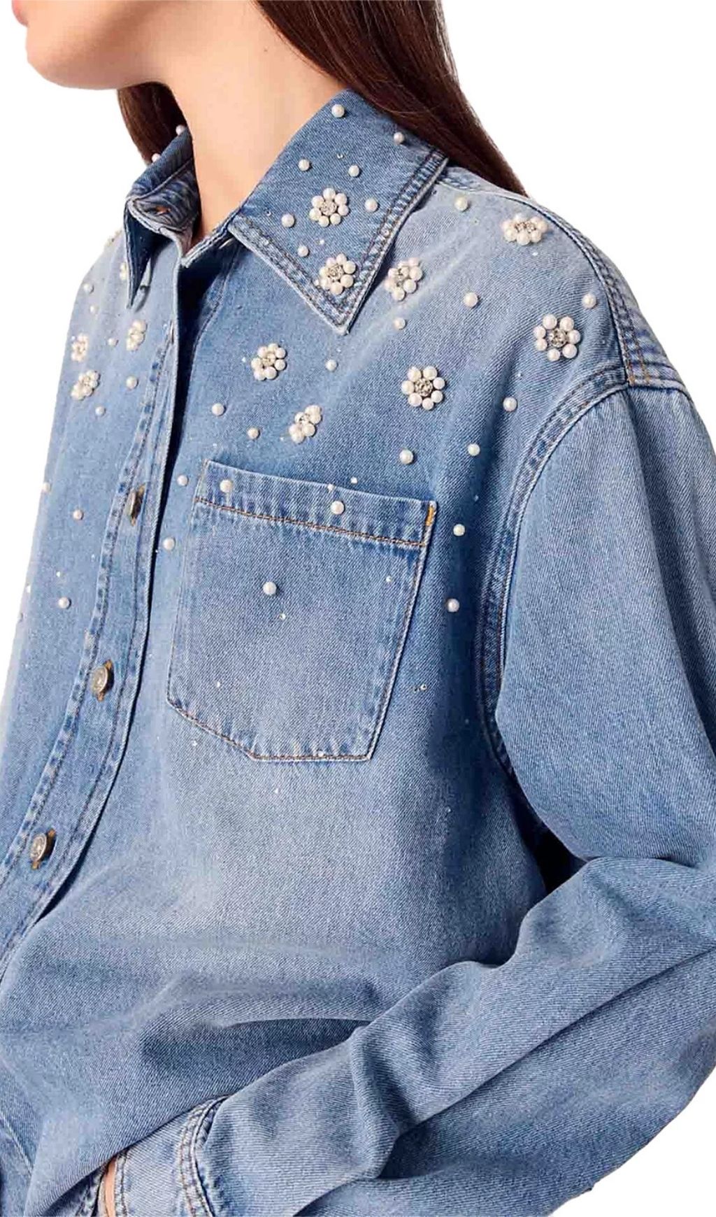 Chic Blossom Denim Shirt: Pearl & Rhinestone Embellished Button-Up for Women