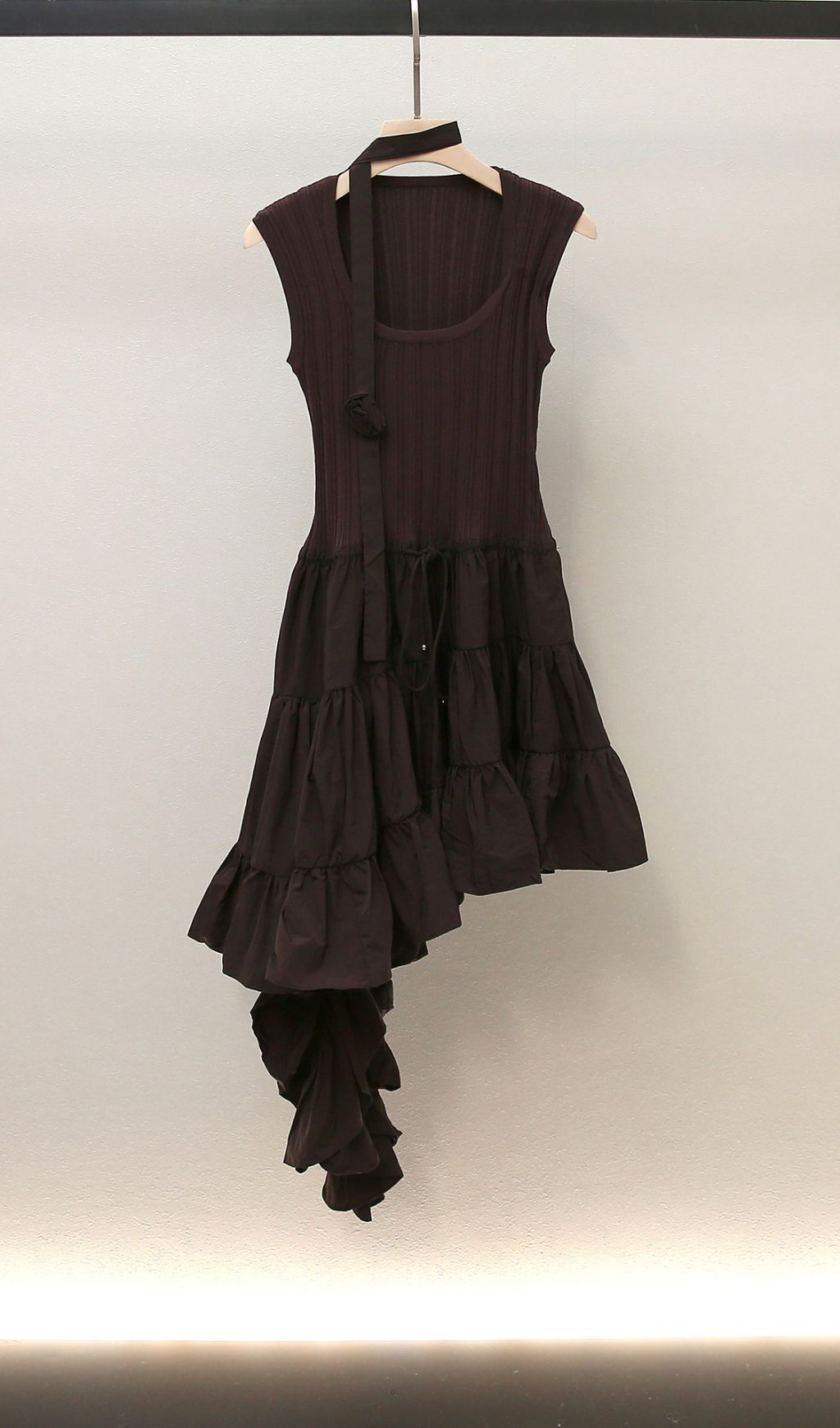 Chic Huong Brown Asymmetrical Tiered Knit Midi Dress