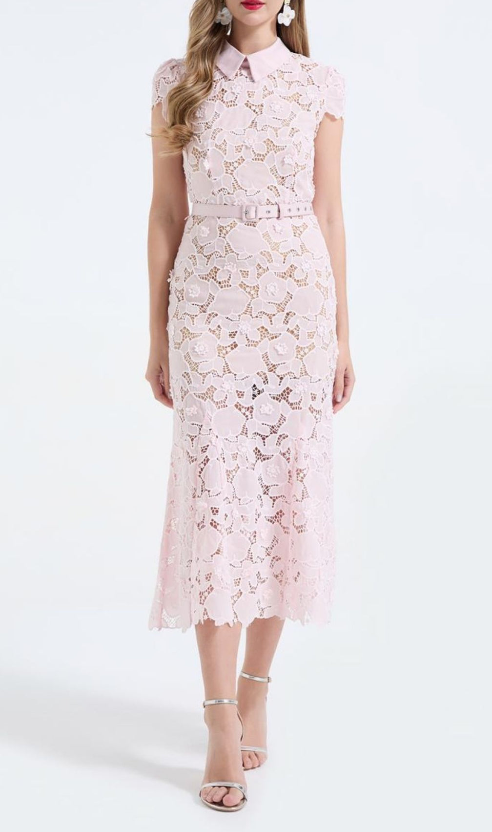Kennita Pink Floral Lace Midi Dress | Elegant & Romantic Occasion Wear