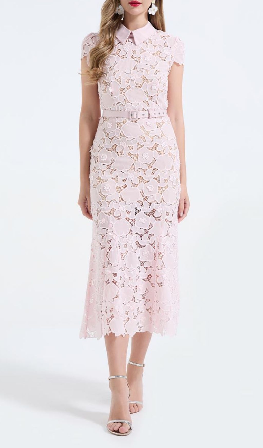 Kennita Pink Floral Lace Midi Dress | Elegant & Romantic Occasion Wear