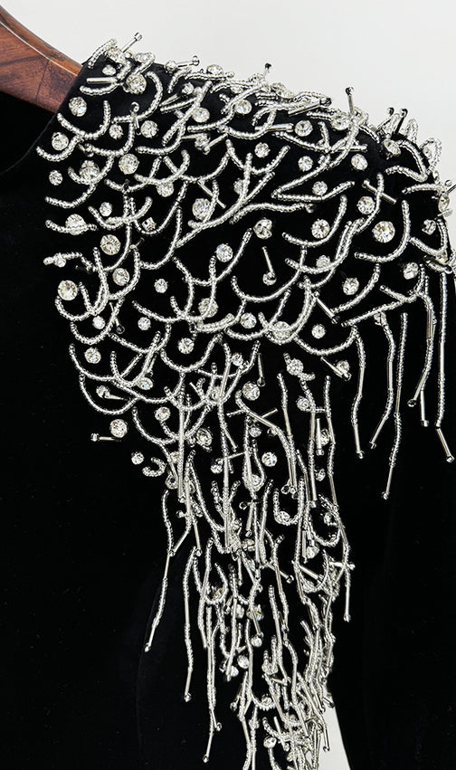 Jovia Black Velvet Beaded Maxi Gown | Long Sleeve Gala & Red Carpet Dress