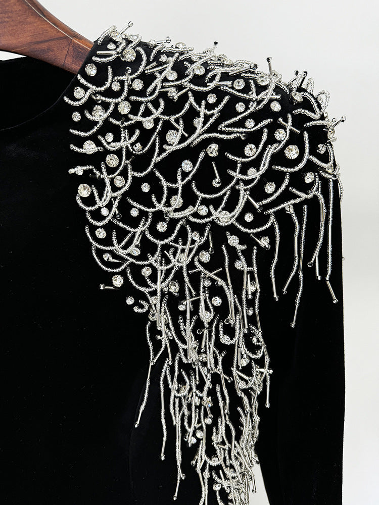 Jovia Black Velvet Beaded Maxi Gown | Long Sleeve Gala & Red Carpet Dress