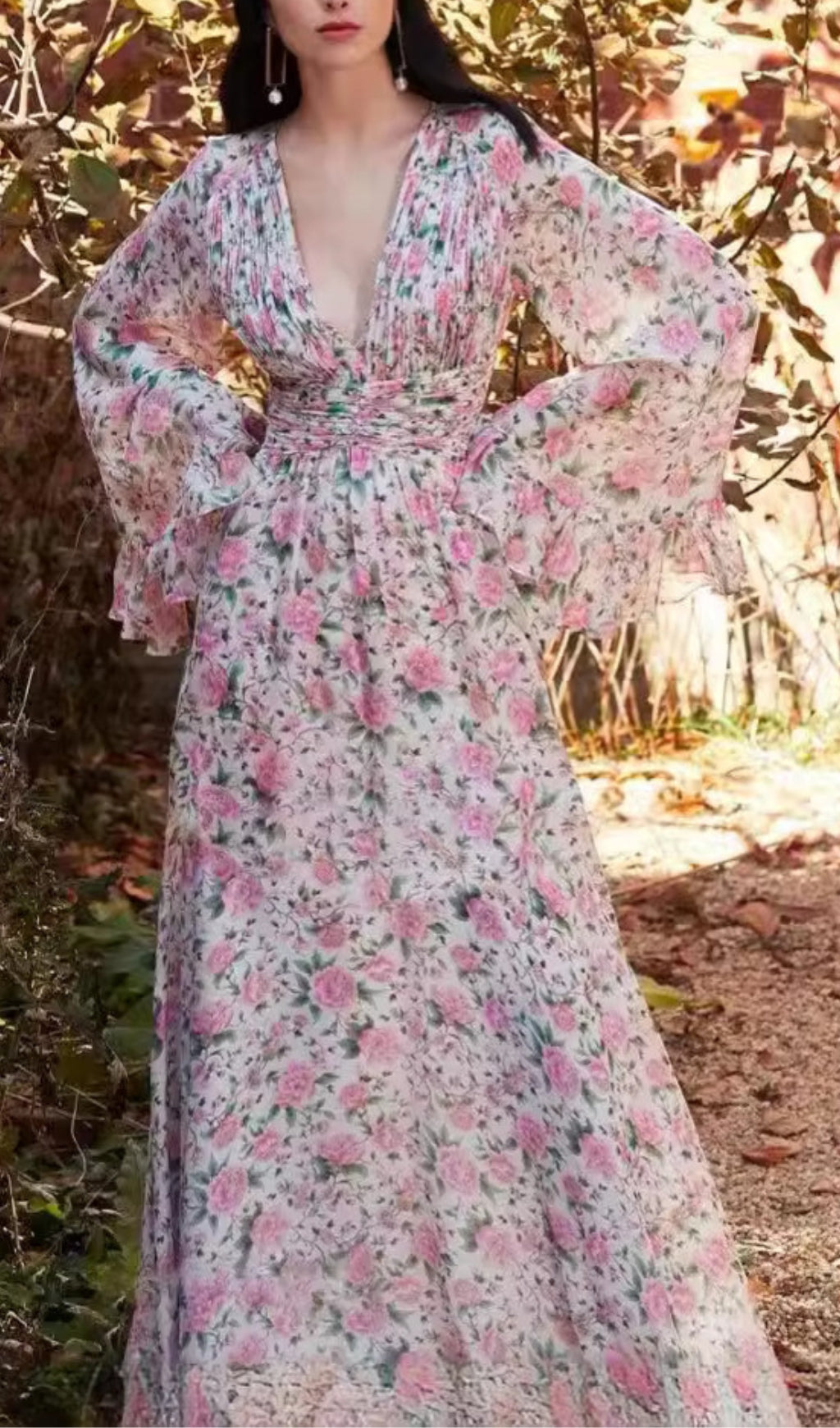 Aracely Pink V-Neck Floral Maxi Dress