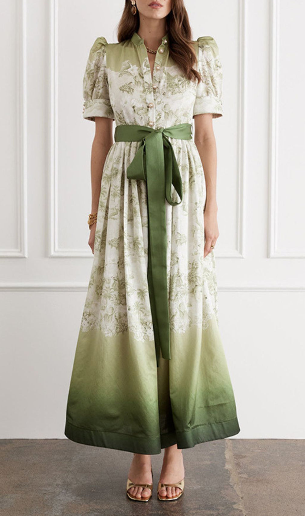 Ilys Green Ombre Floral Print Maxi Dress with Tie Waist