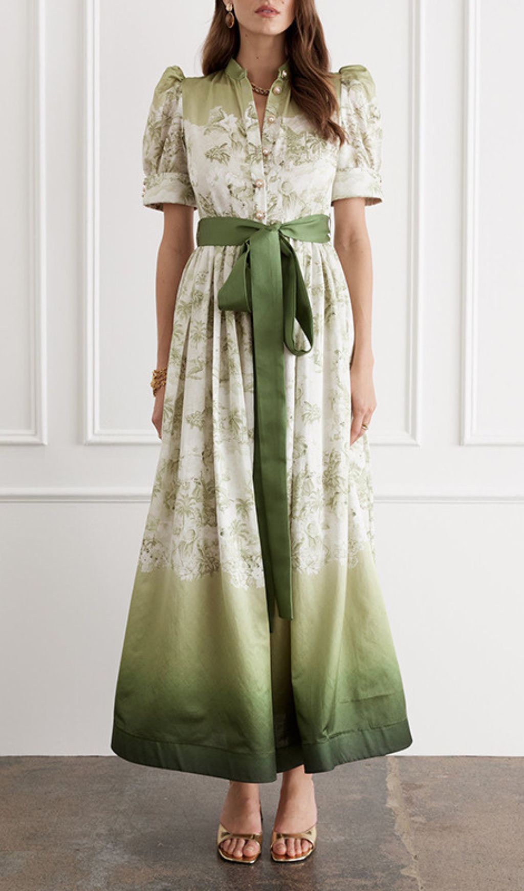Ilys Green Ombre Floral Print Maxi Dress with Tie Waist