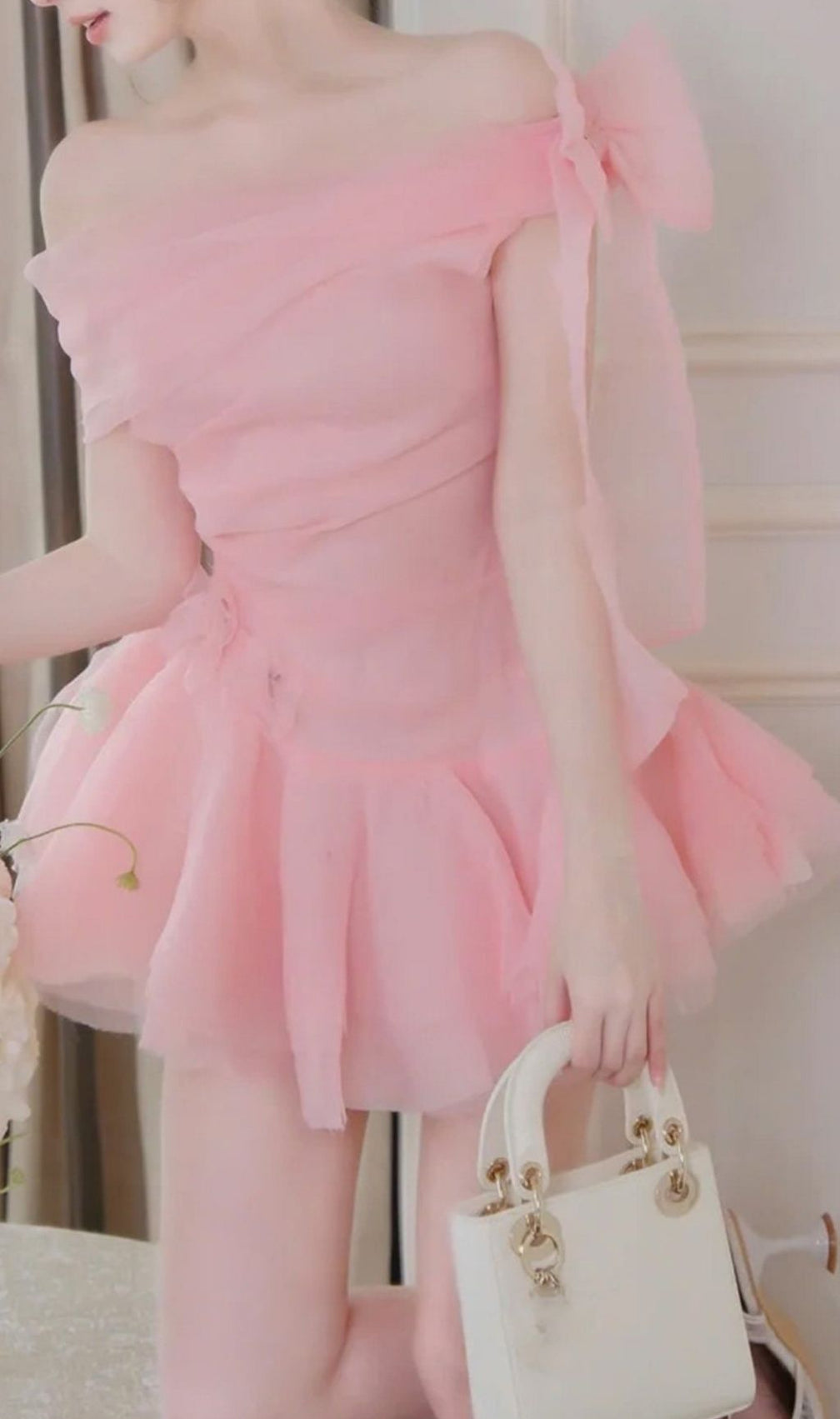 Kamella Sweetheart Pink Off-Shoulder Mini Dress with Bow & Ruffles