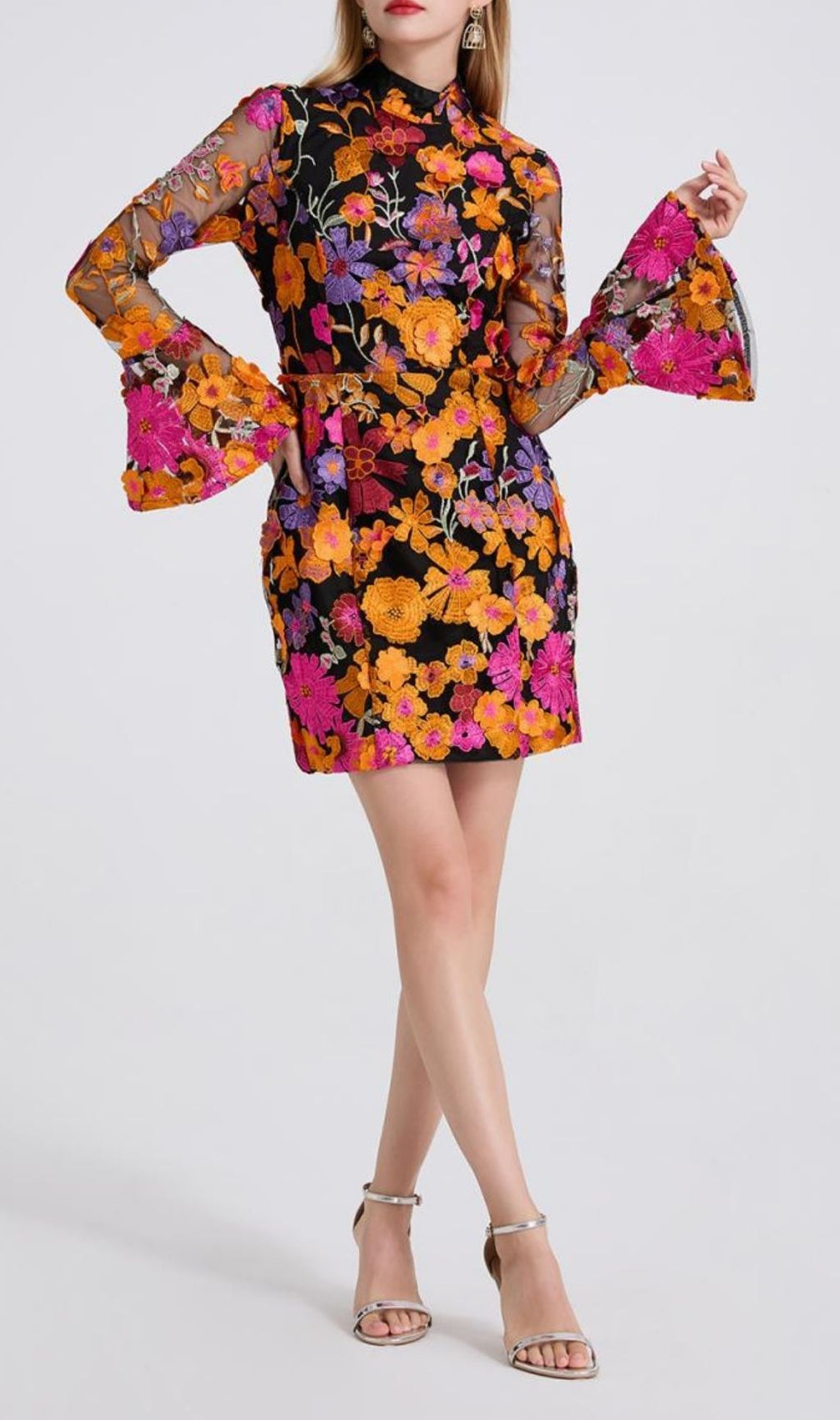 Donelle Vibrant Floral Embroidered Bell Sleeve Mini Dress