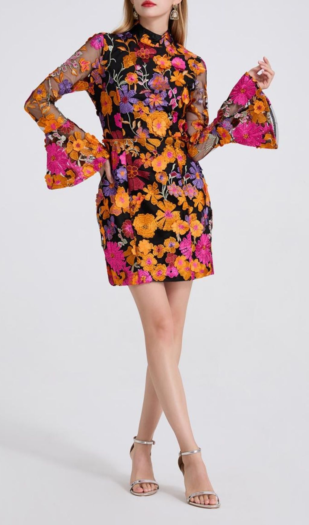 Donelle Vibrant Floral Embroidered Bell Sleeve Mini Dress