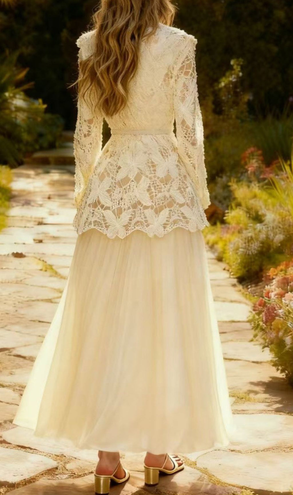 Enchanting Butterfly Lace Long Sleeve Two-Piece Maxi Gown Set