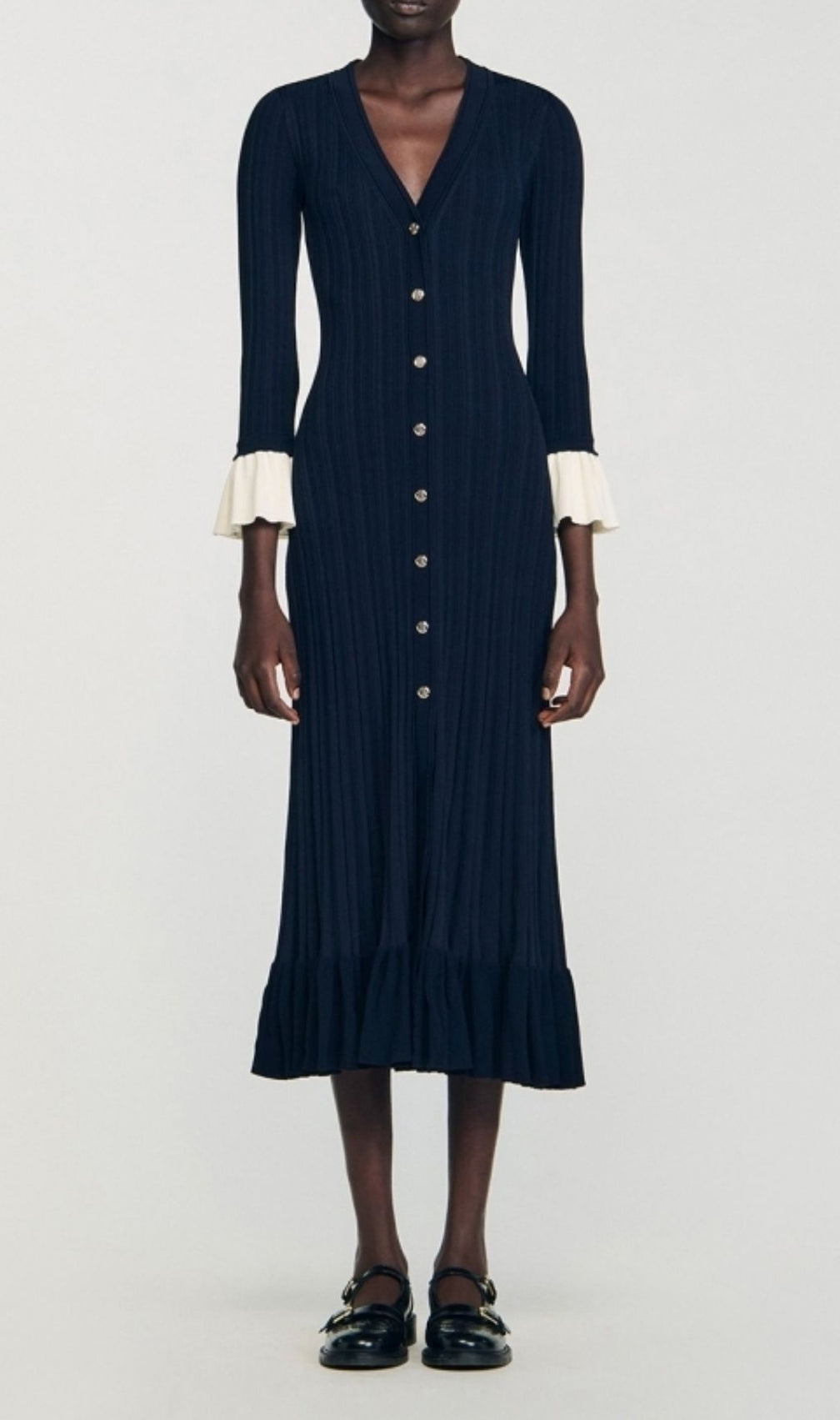 Kayanna Luxe Ribbed Knit Midi Dress | Chic Ruffle Cuffs & Button Front