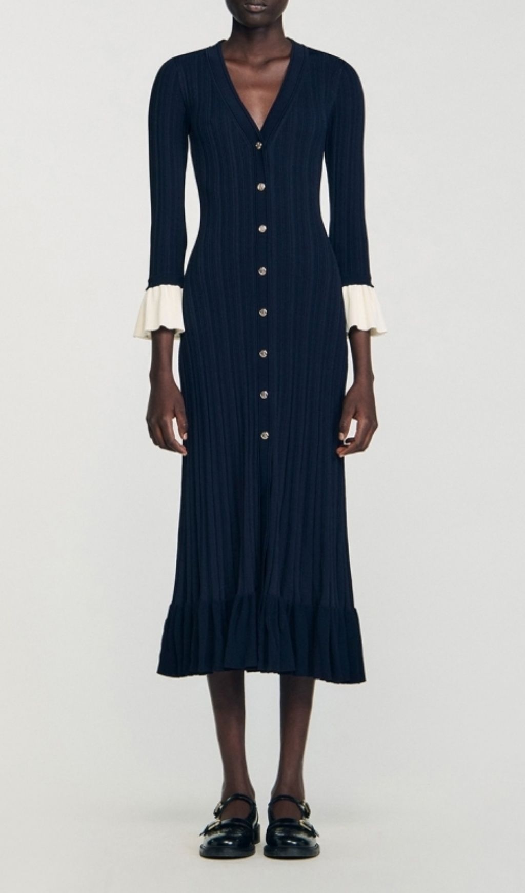 Kayanna Luxe Ribbed Knit Midi Dress | Chic Ruffle Cuffs & Button Front