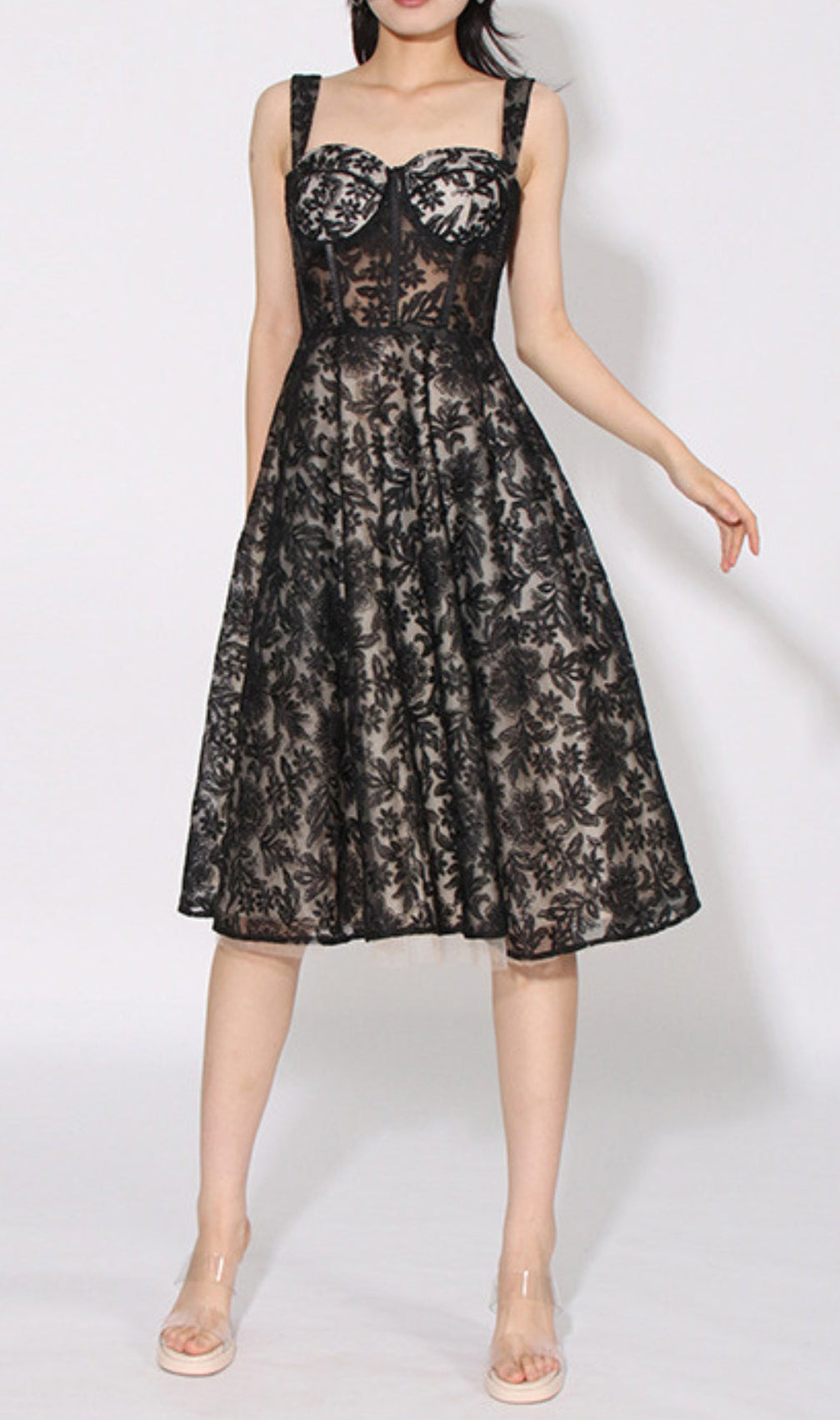 Asayo Black Embroidery Midi Dress