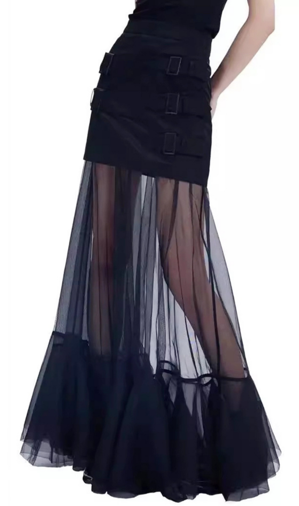 Ginerva Black Belt Mesh Maxi Skirt