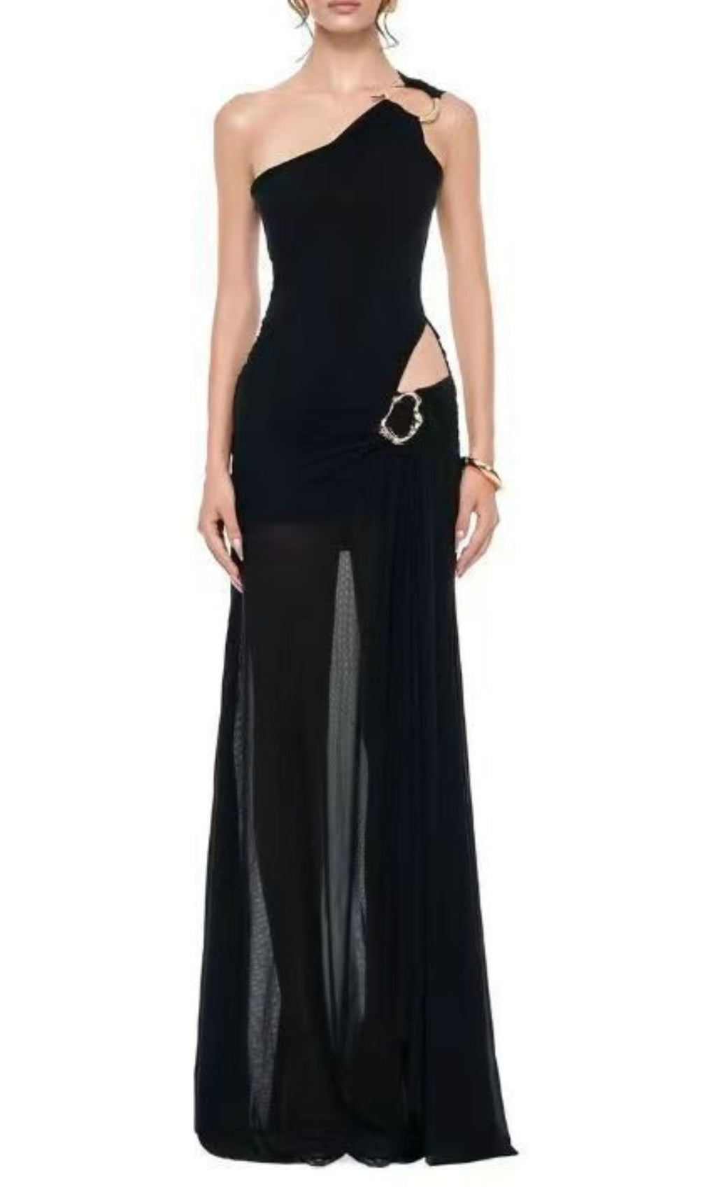 Icelynn Glamorous Black One-Shoulder Mesh Maxi Dress with Daring Cut-Out