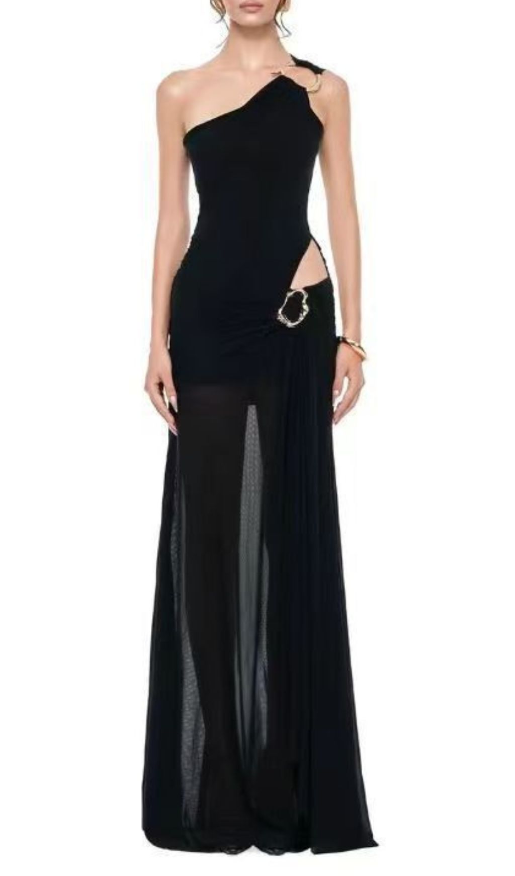 Icelynn Glamorous Black One-Shoulder Mesh Maxi Dress with Daring Cut-Out