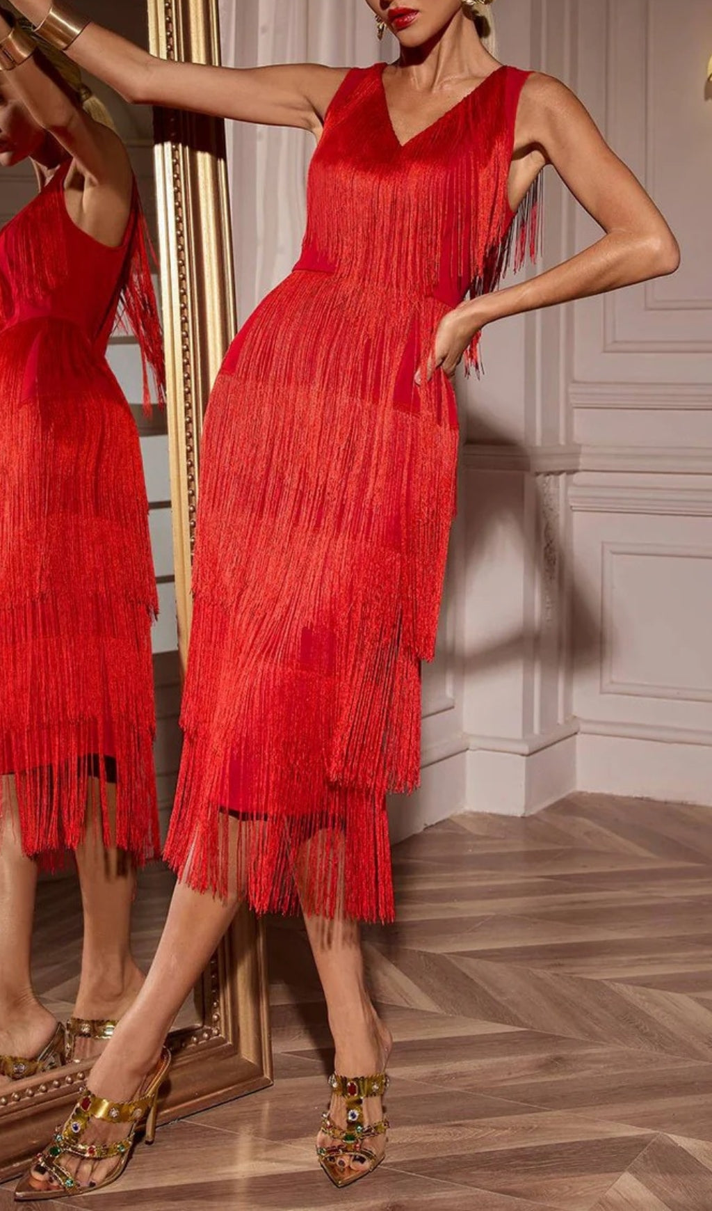 Chava Red V-Neck Fringe Midi Dress