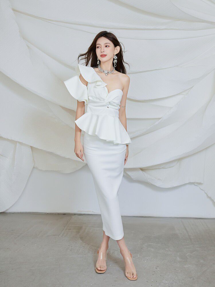 Elegant Strapless Ruffle Backless Maxi Dress Set with Peplum - Glamorous Evening Gown
