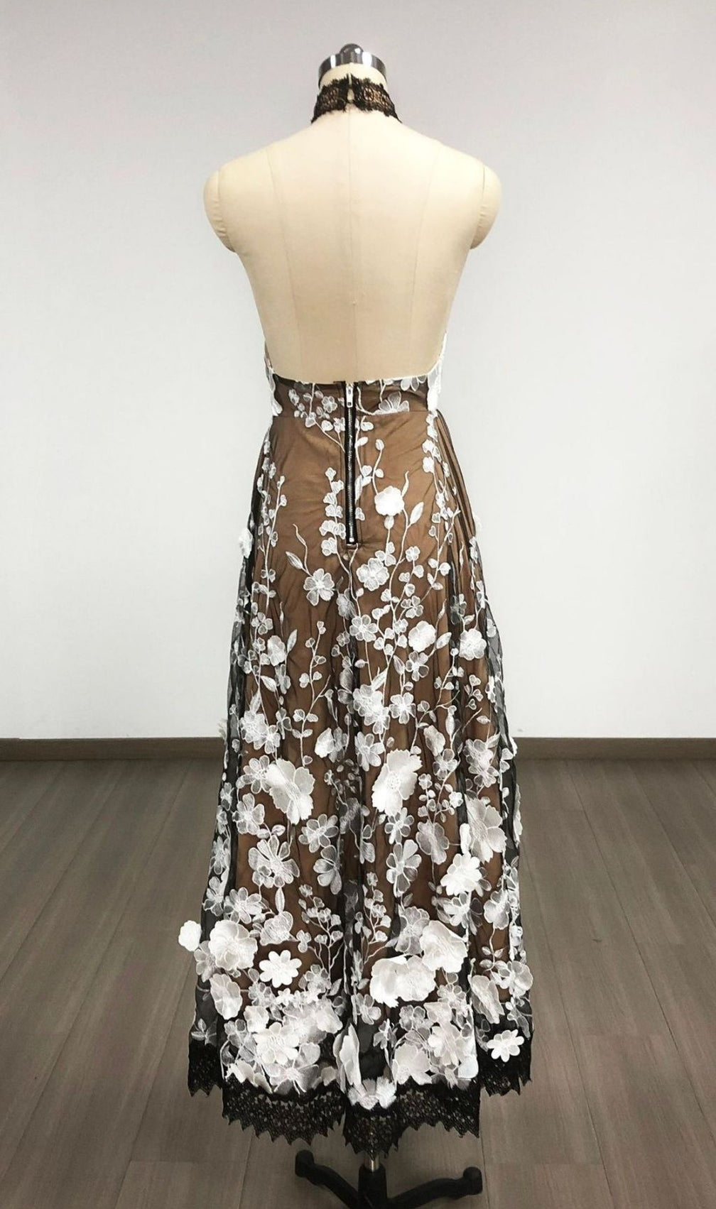 Karisma Elegant Black & White Floral Halter Midi Dress