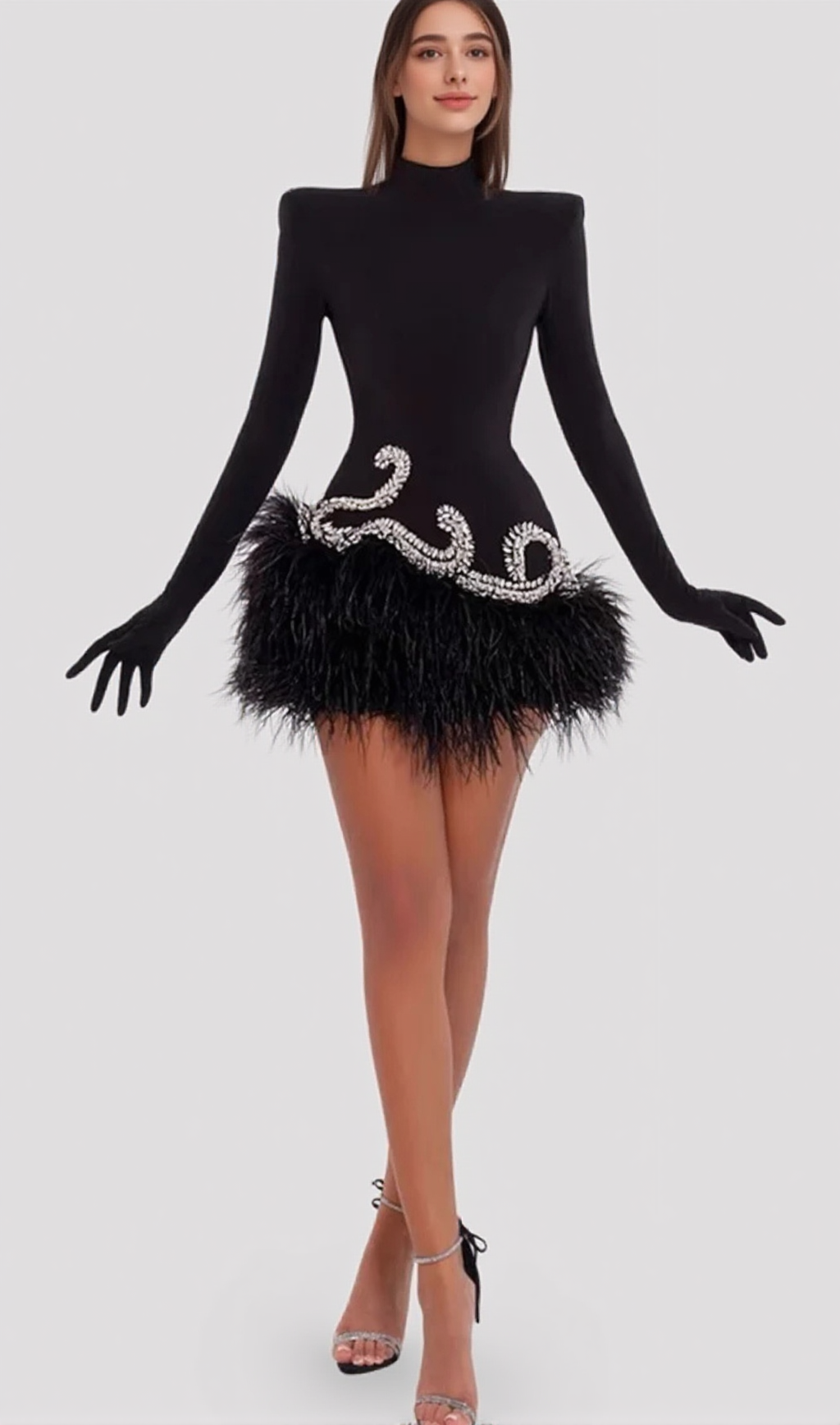 Embellished Velvet Feather Mini Dress In Black