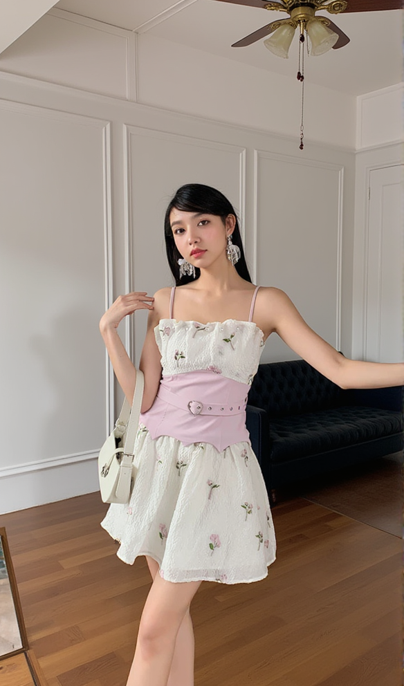 EMBROIDERED JACQUARD MINI DRESS IN WHITE