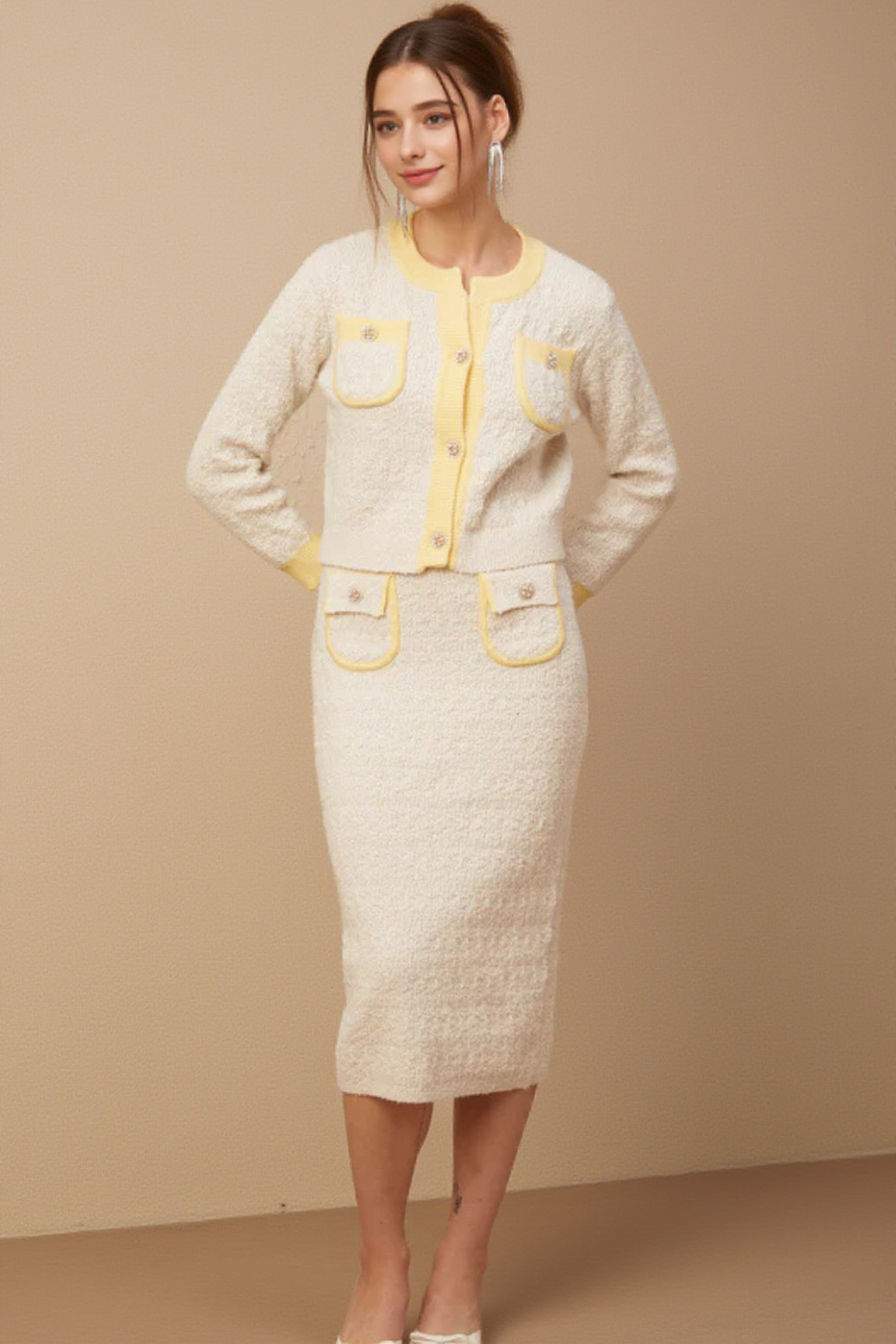 Jessie white textured knit cardigan & skirt matching set