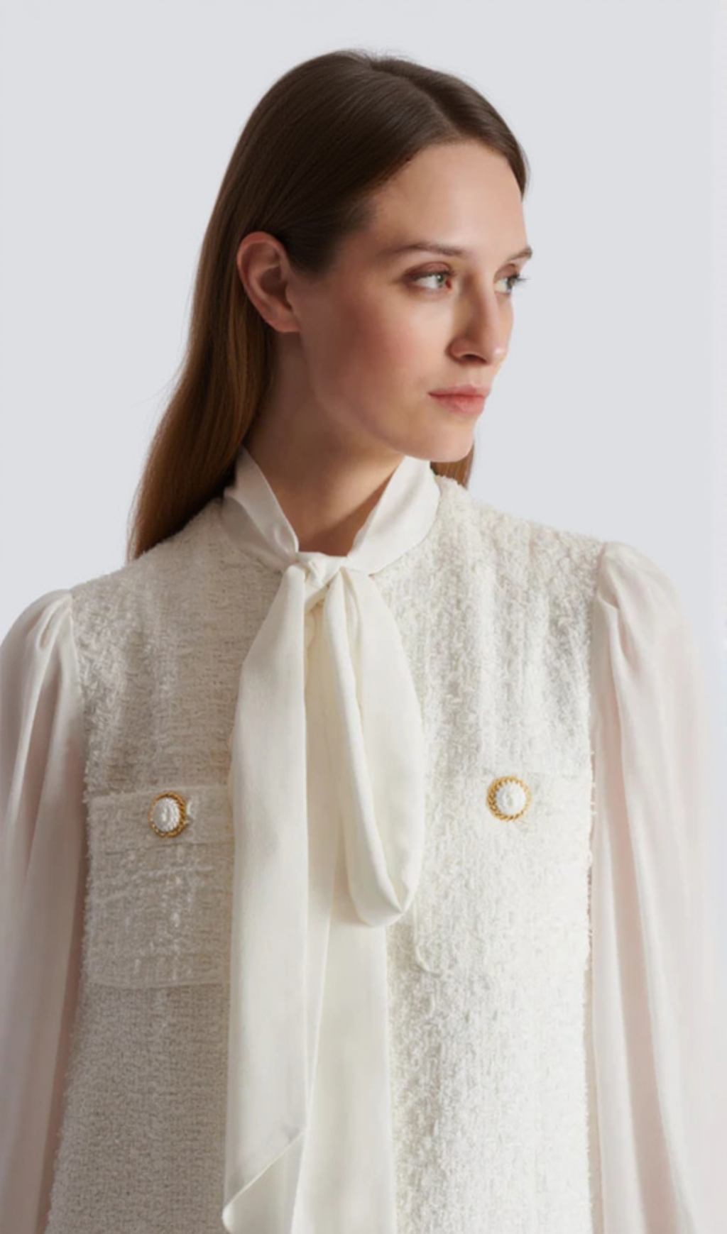 Tweed mini dress with pussy-bow collar in white