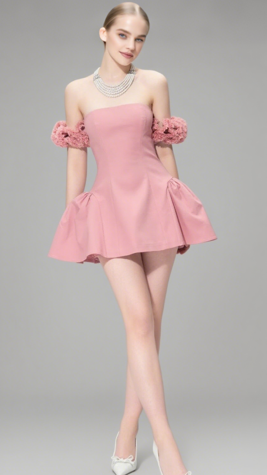 sherry Flower strapless puffy mini dress in pink