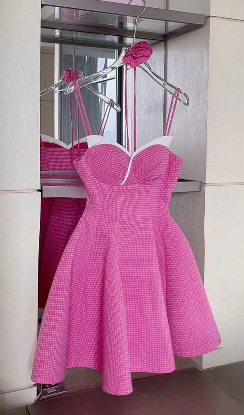 STRAP MINI DRESS WITH ROSE IN HOT PINK