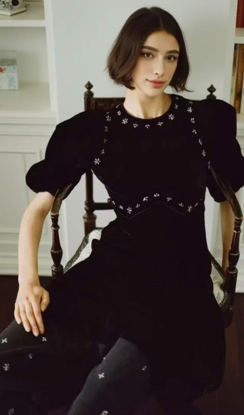 crystal embellished puff midi dress in black