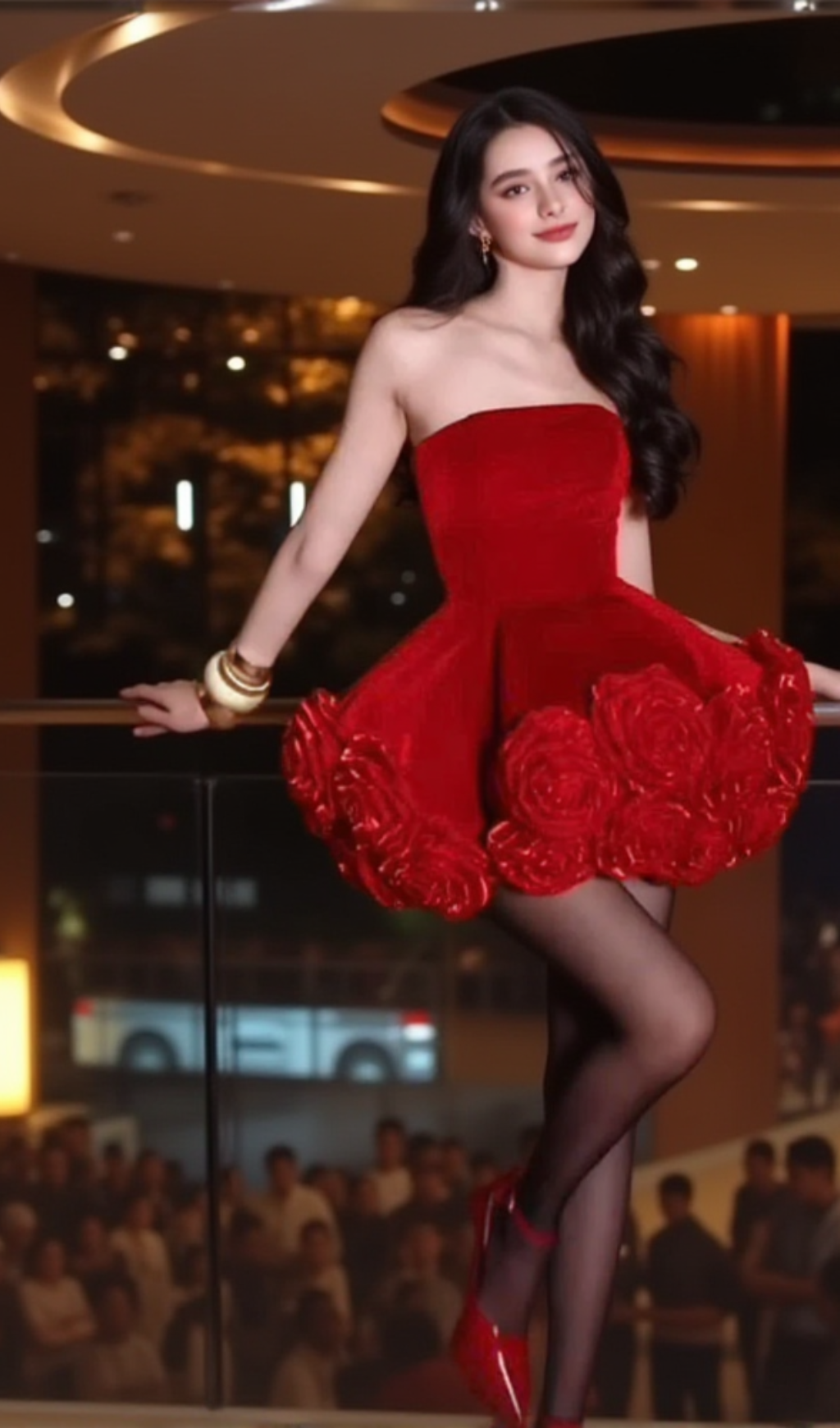 Sebast Flower Strapless Velvet Mini Dress in Red