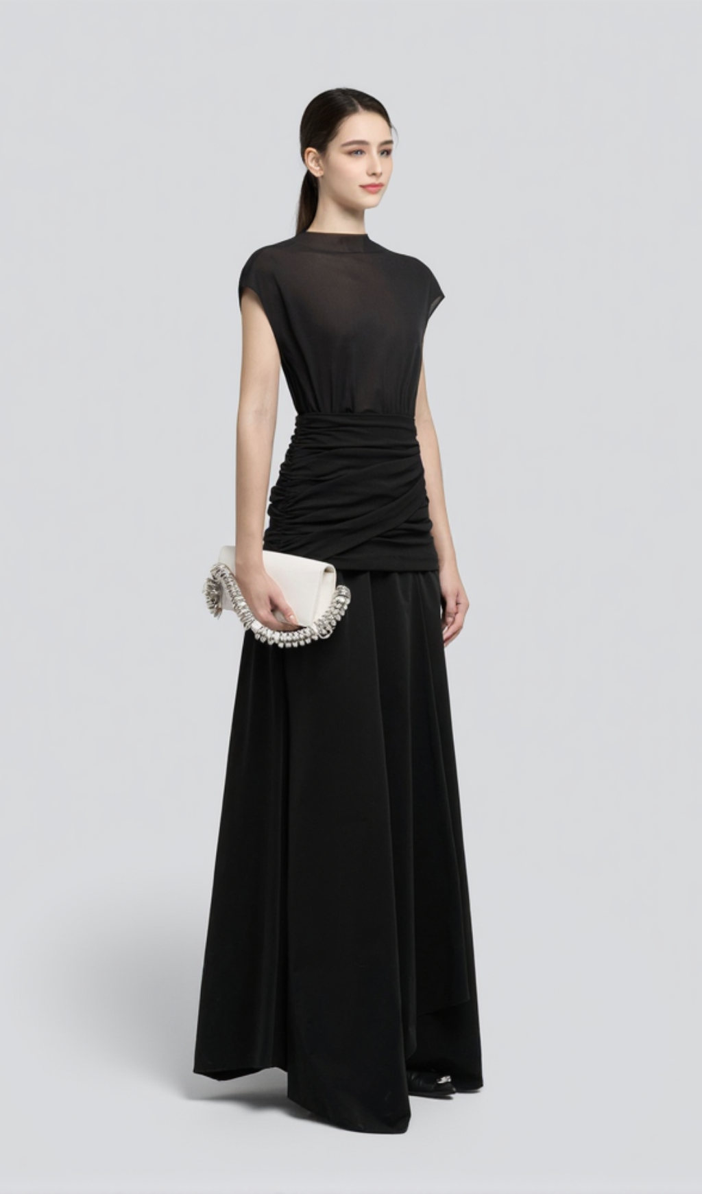 black Waist cross pleats midi dress with asymmetric hemline