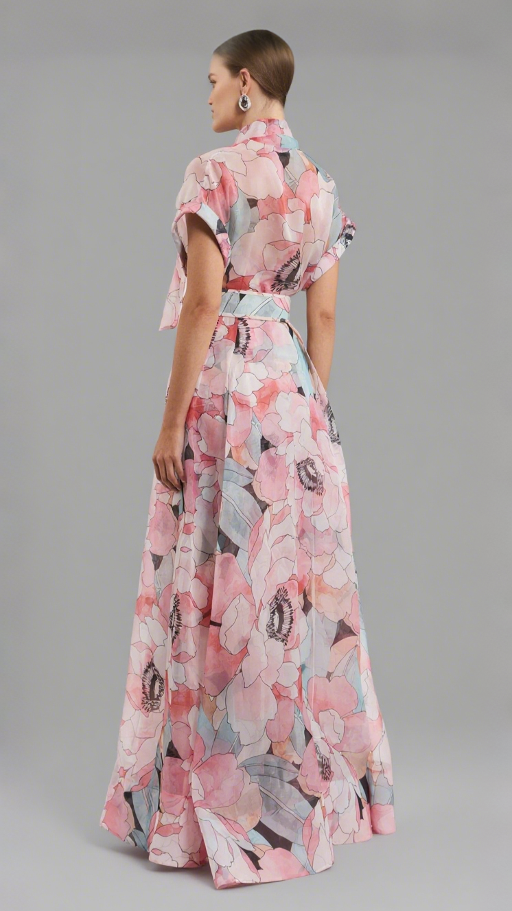 floral print silk organza maxi dress in pink-multi