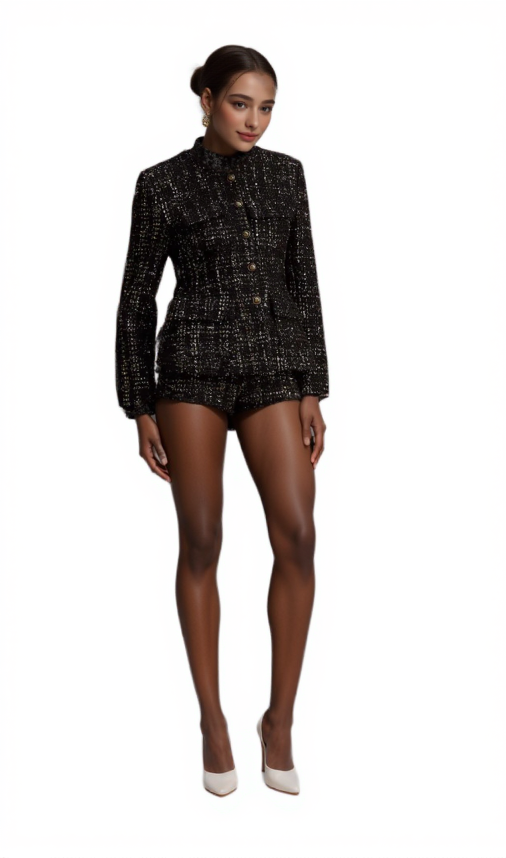 Claudine black metallic tweed jacket & shorts matching set