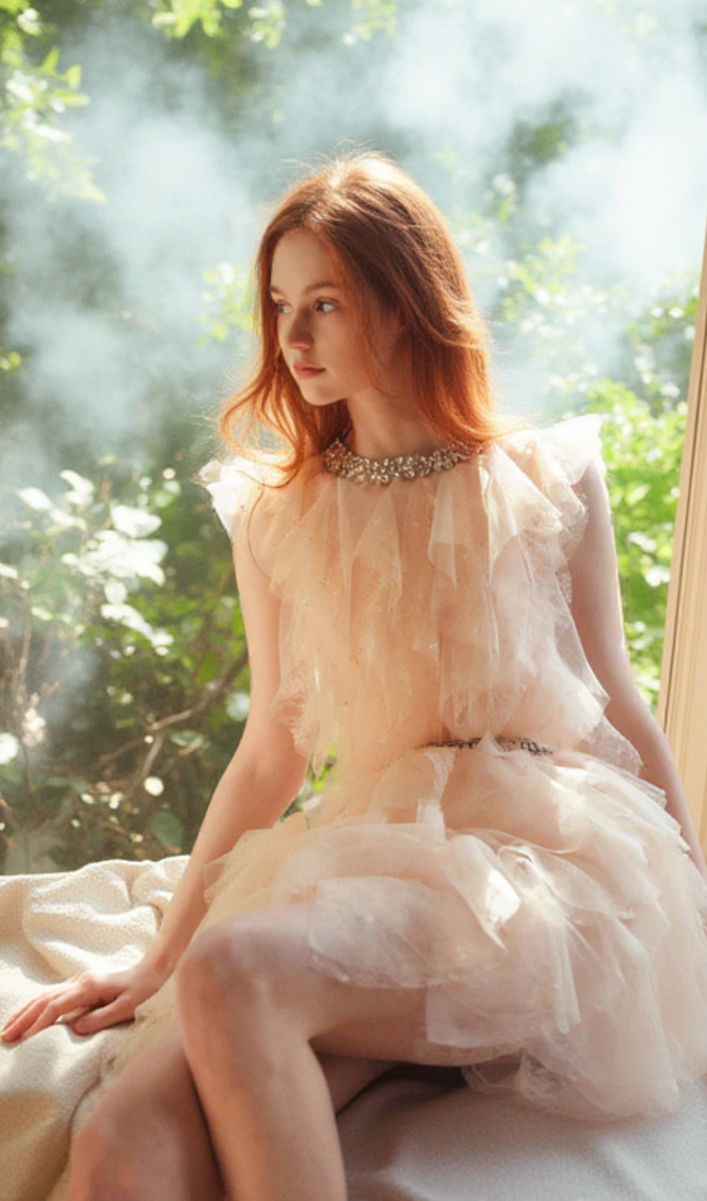 Crystal Embellished Ruffle mini Dress in pale pink
