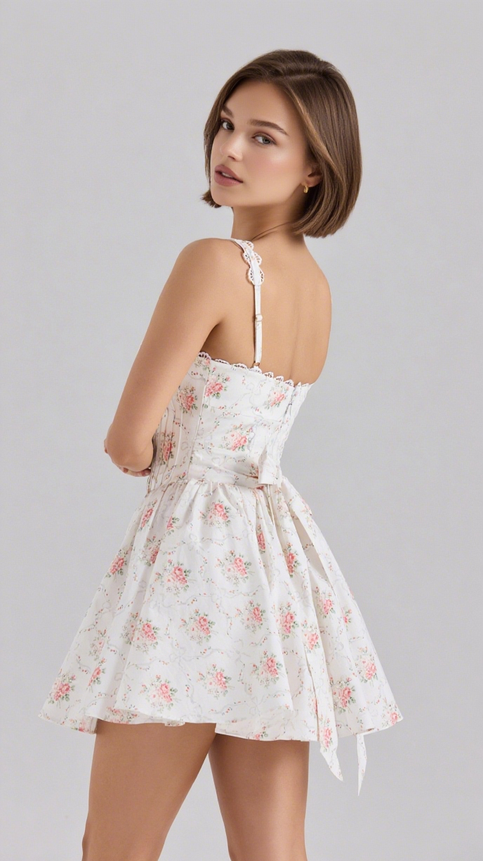 ROSE PRINT STRETCH COTTON LACE STRAP MINI DRESS