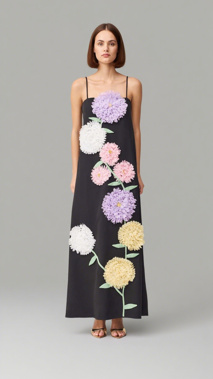 kristin Buttercup Embroidered Maxi Dress in Black