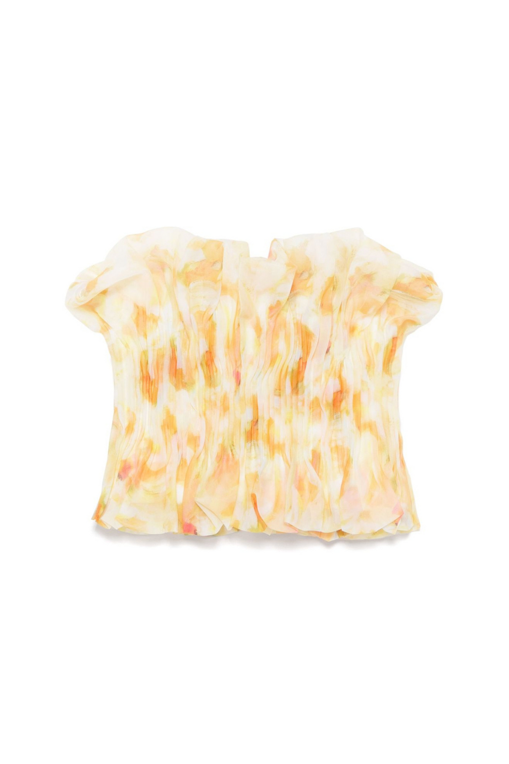 print ruffle trim top in yellow
