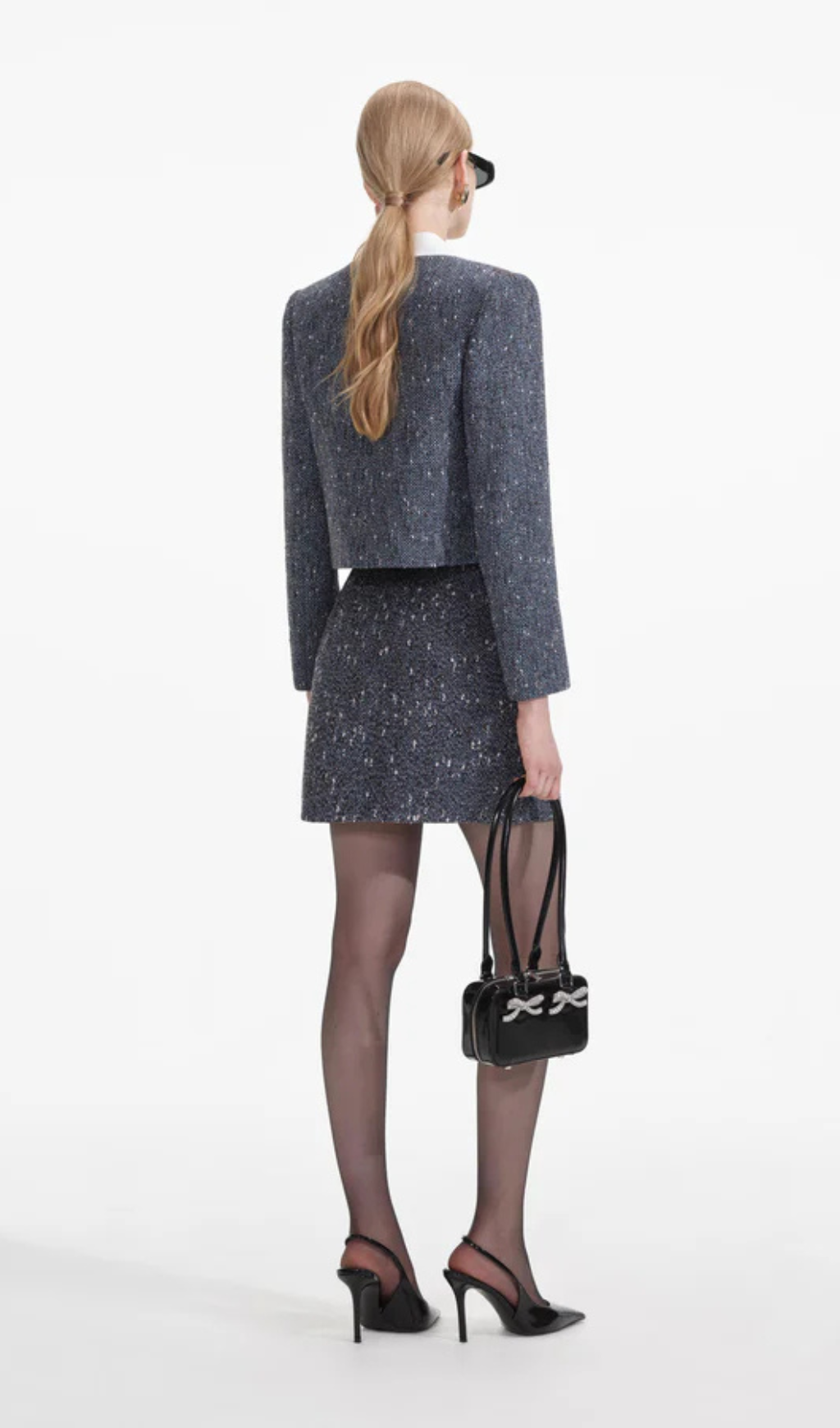 blue boucle mini skirt