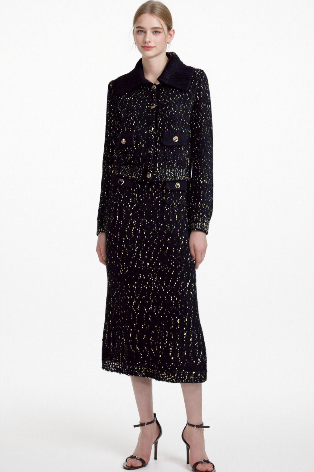 Claudine navy crochet-knit jacket & skirt matching set