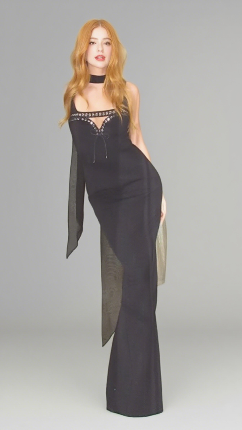 Halter Neck Lace Up Cut Out Maxi Dress in Black