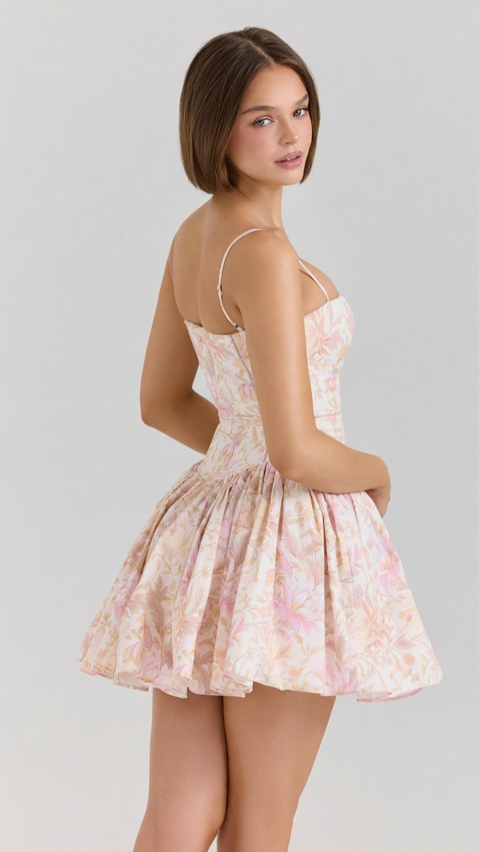 PEACH FLORAL STRETCH COTTON MINI DRESS