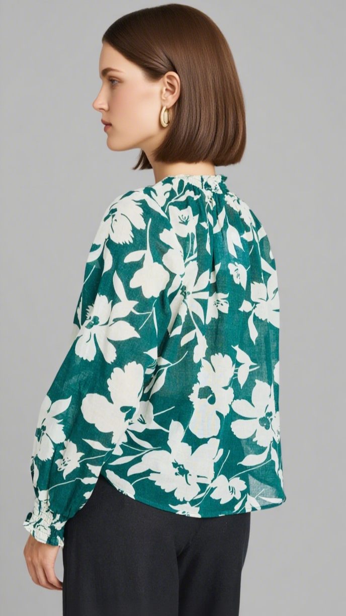 Affection Forest Floral Shirred High Neck LS Top