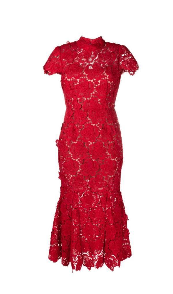 RED FLOWER LACE MIDI DRESS