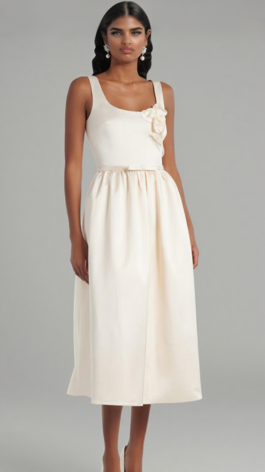 polly floral-appliqu¨¦ satin midi dress in ivory